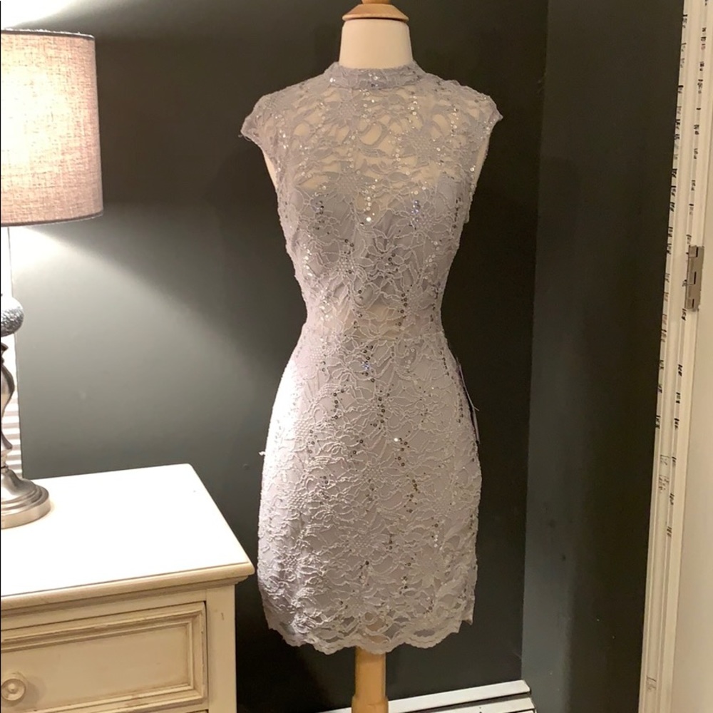 Gray sequin lace B. Darlin cocktail dress 7/8 Nwt